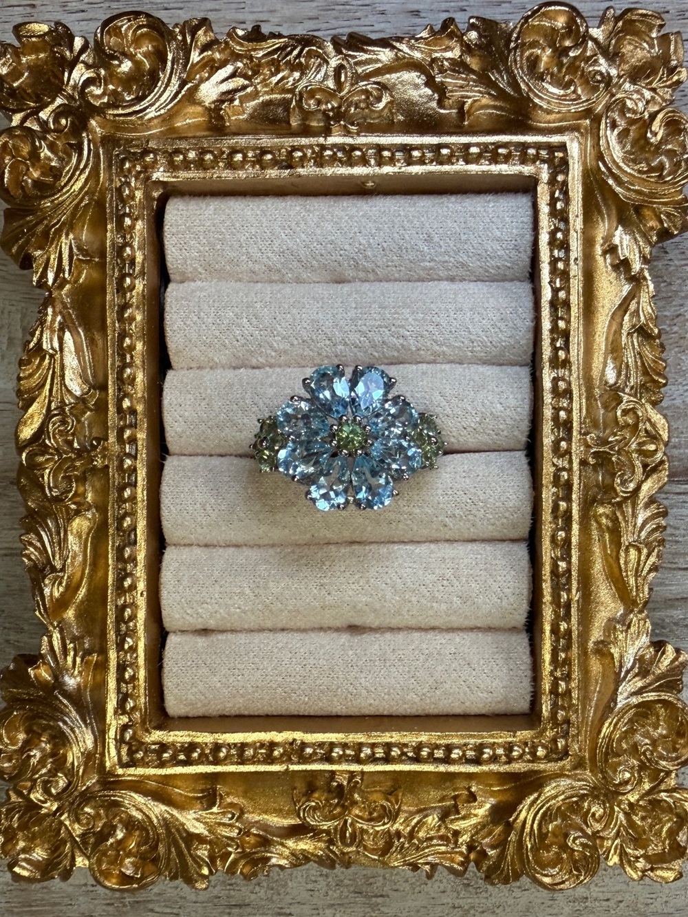Sterling Silver Aquamarine and Peridot Flower Cluster Ring - Size 6